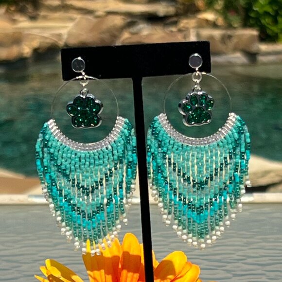 Handmade Beaded Long Fringe Paw Love Dangle Drop Lightweight Post Hoop Earrings - Picture 3 of 10